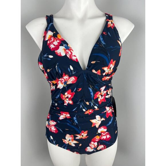 Tommy Hilfiger Navy Floral One Piece Cross Back Swimsuit - Picture 1 of 6
